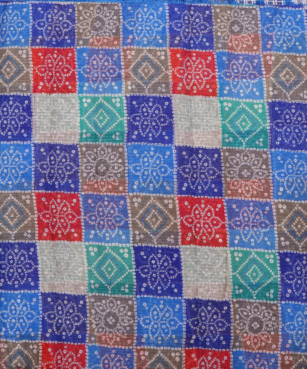 blue colour bandhani pattern checks print kota doria fabric