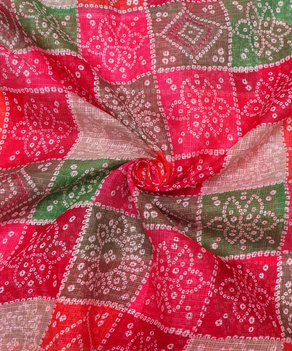 pink colour bandhani pattern checks print kota doria fabric