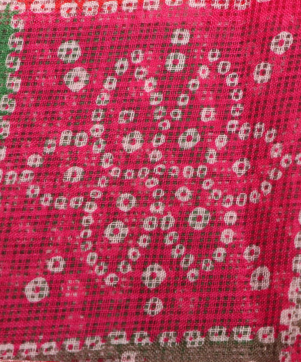 pink colour bandhani pattern checks print kota doria fabric