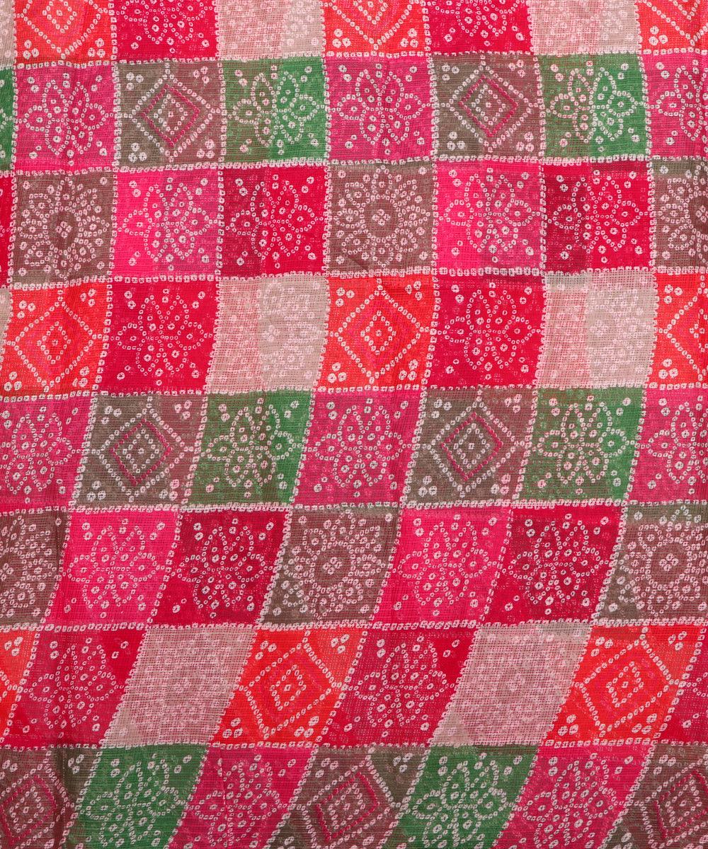 pink colour bandhani pattern checks print kota doria fabric