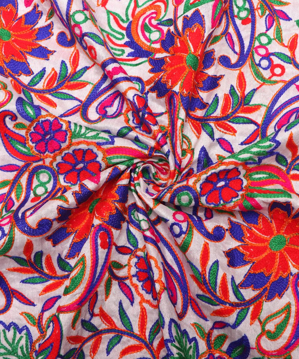 white colour raw silk embroidery fabric