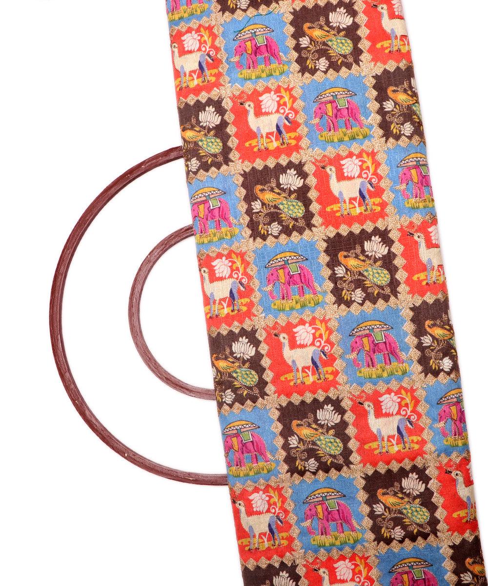 blue colour animal print zari embroidery phantom raw silk fabric