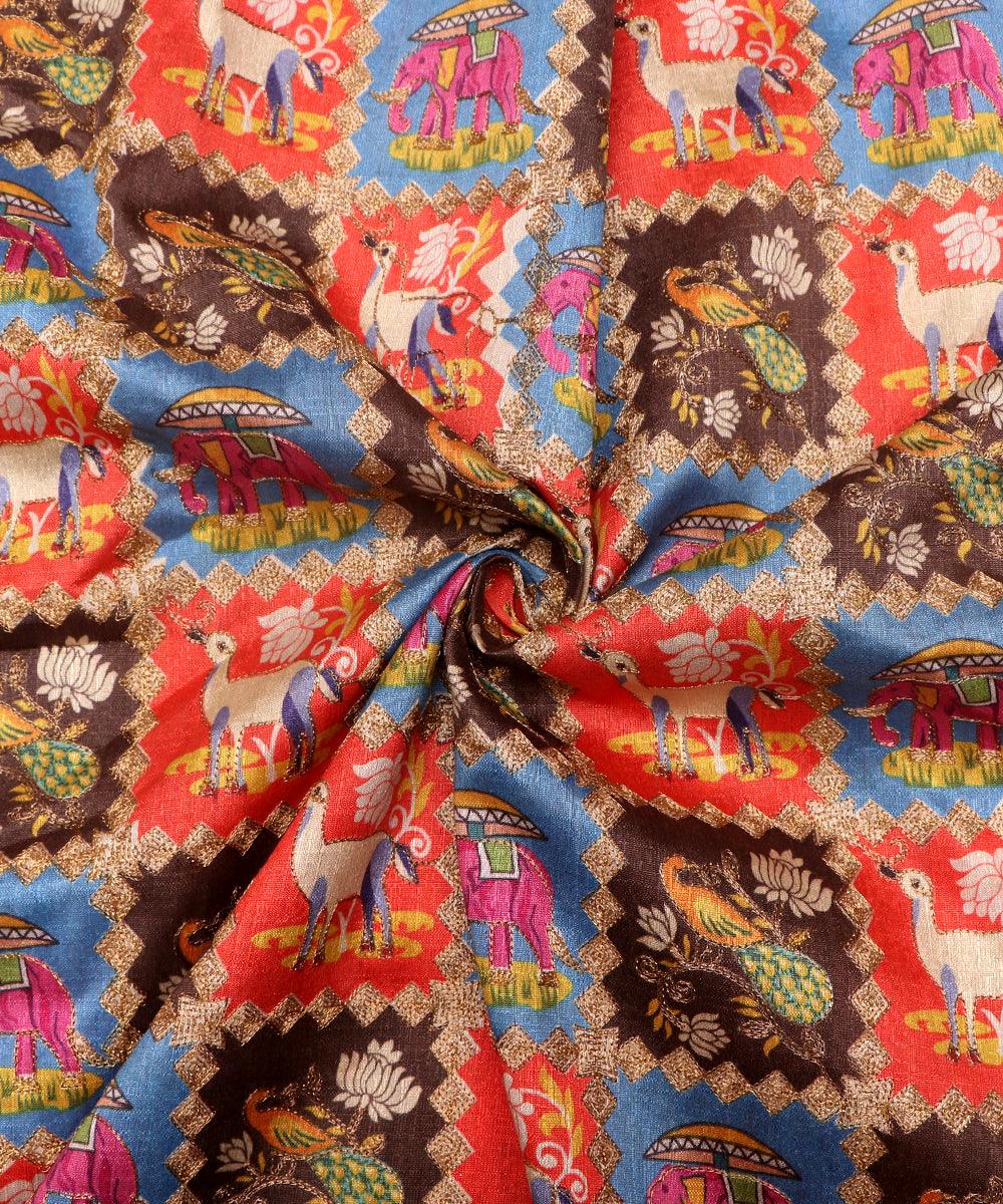 blue colour animal print zari embroidery phantom raw silk fabric