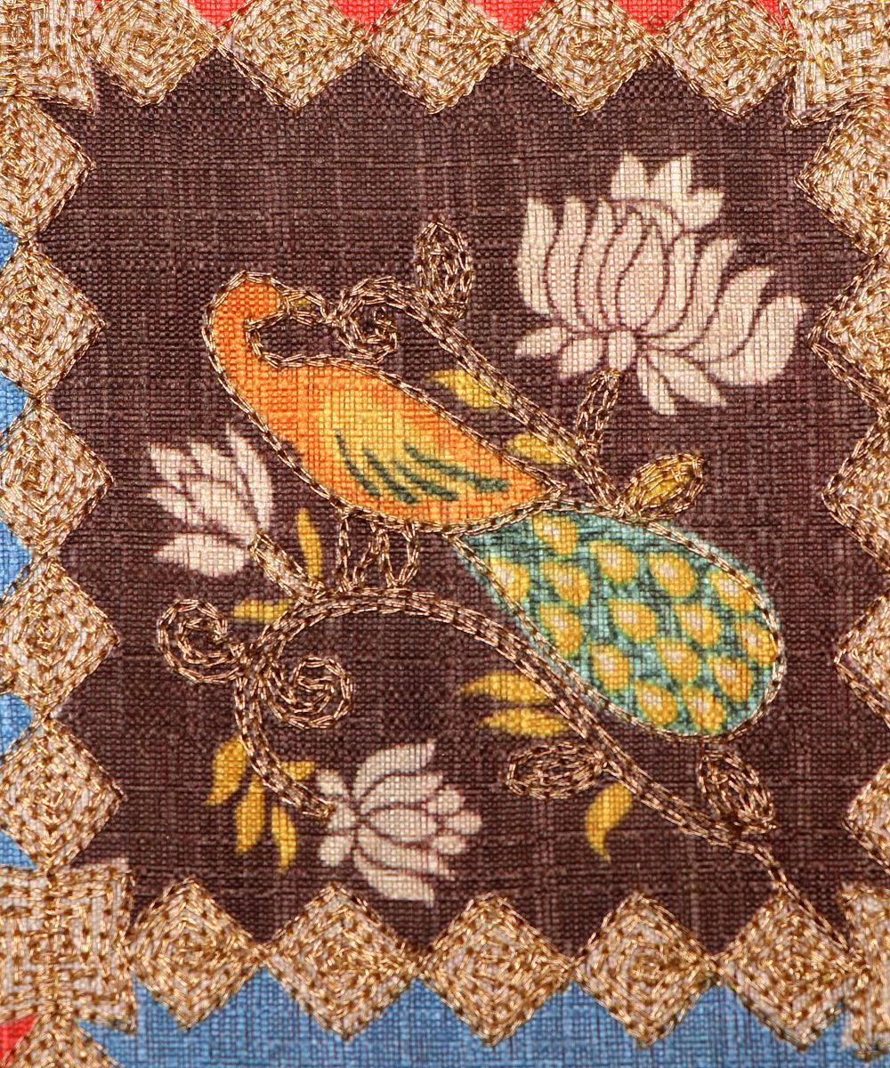 blue colour animal print zari embroidery phantom raw silk fabric