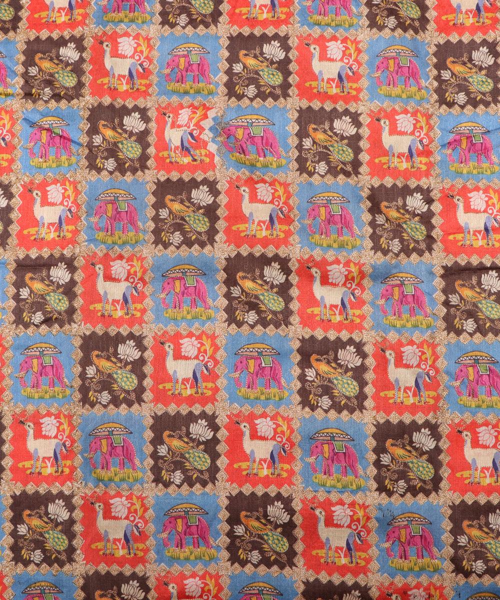 blue colour animal print zari embroidery phantom raw silk fabric