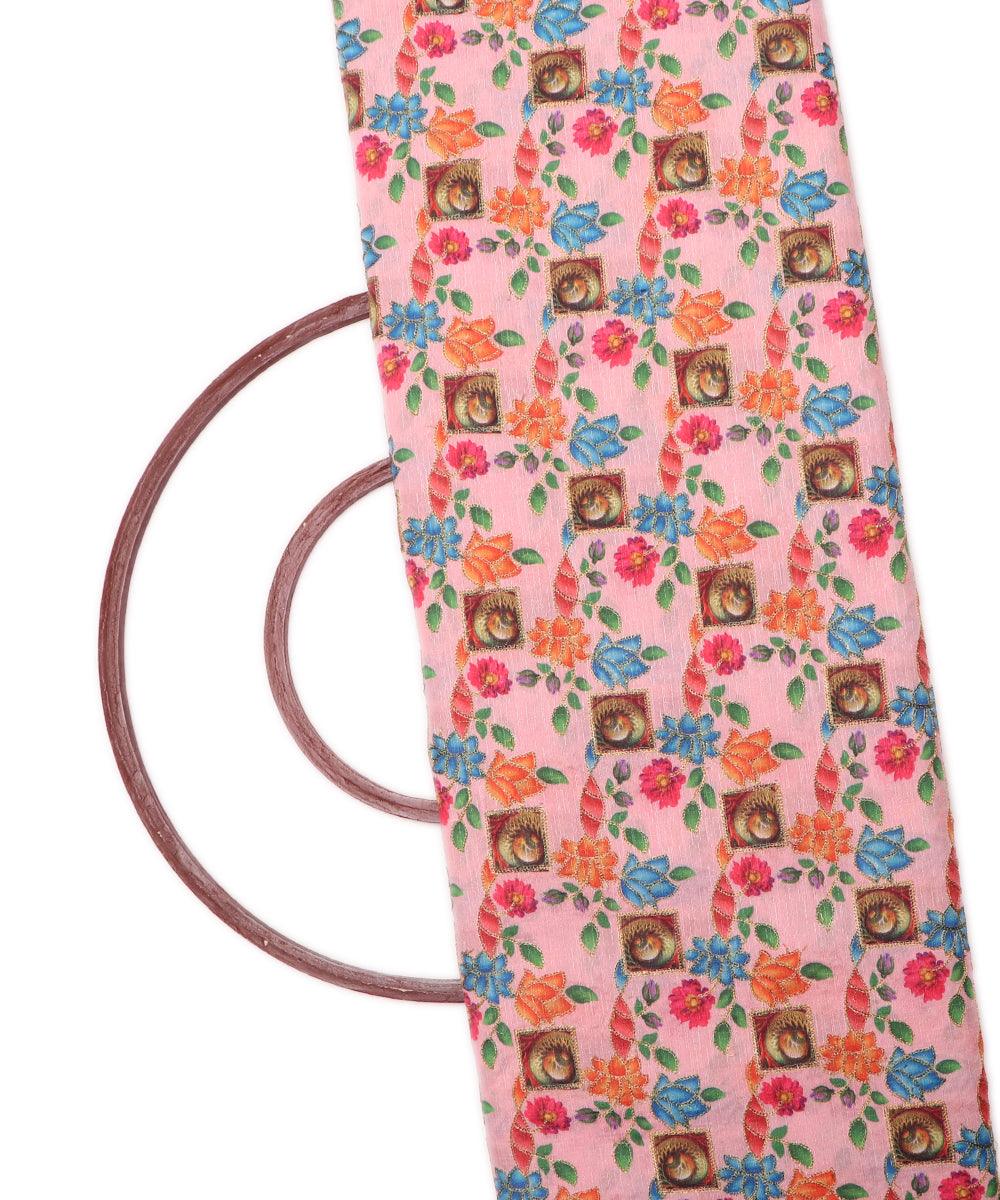 pink colour floral pattern zari embroidery phantom raw silk fabric