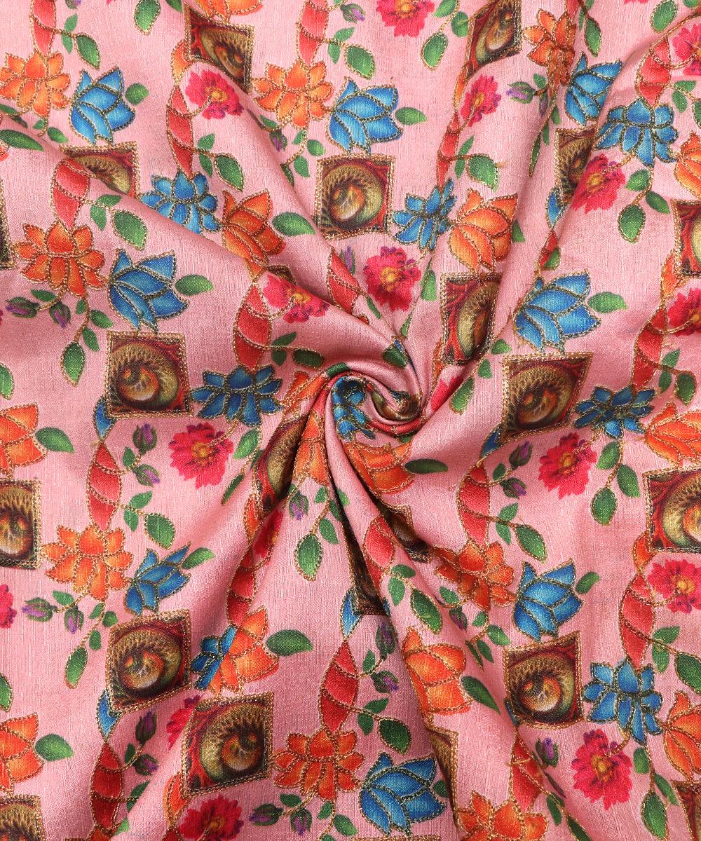 pink colour floral pattern zari embroidery phantom raw silk fabric