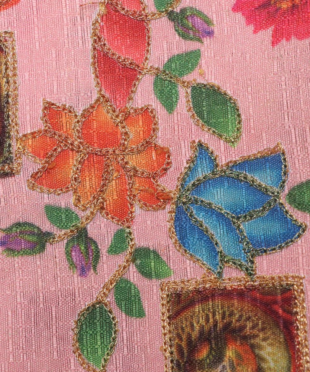 pink colour floral pattern zari embroidery phantom raw silk fabric