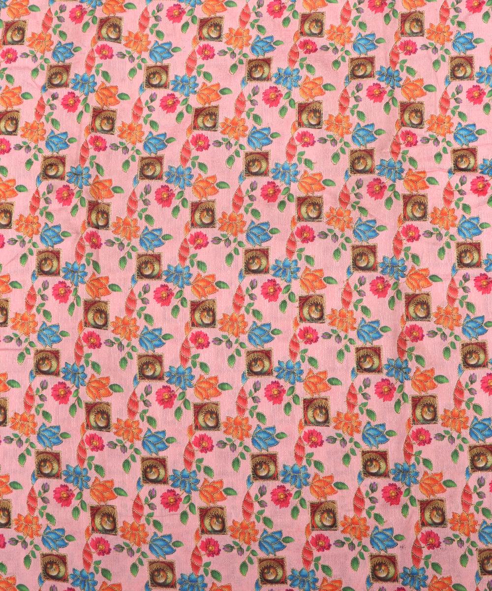 pink colour floral pattern zari embroidery phantom raw silk fabric