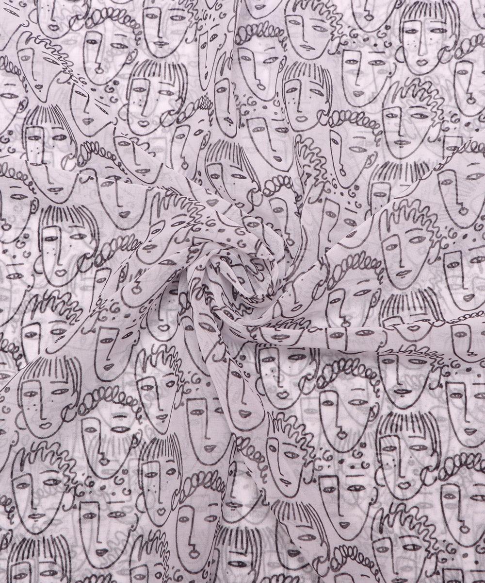 white colour object print georgette fabric