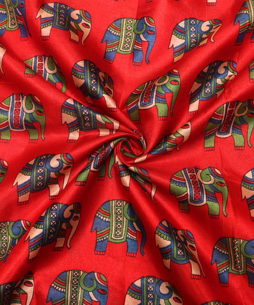 red kalamkari print manipuri silk fabric