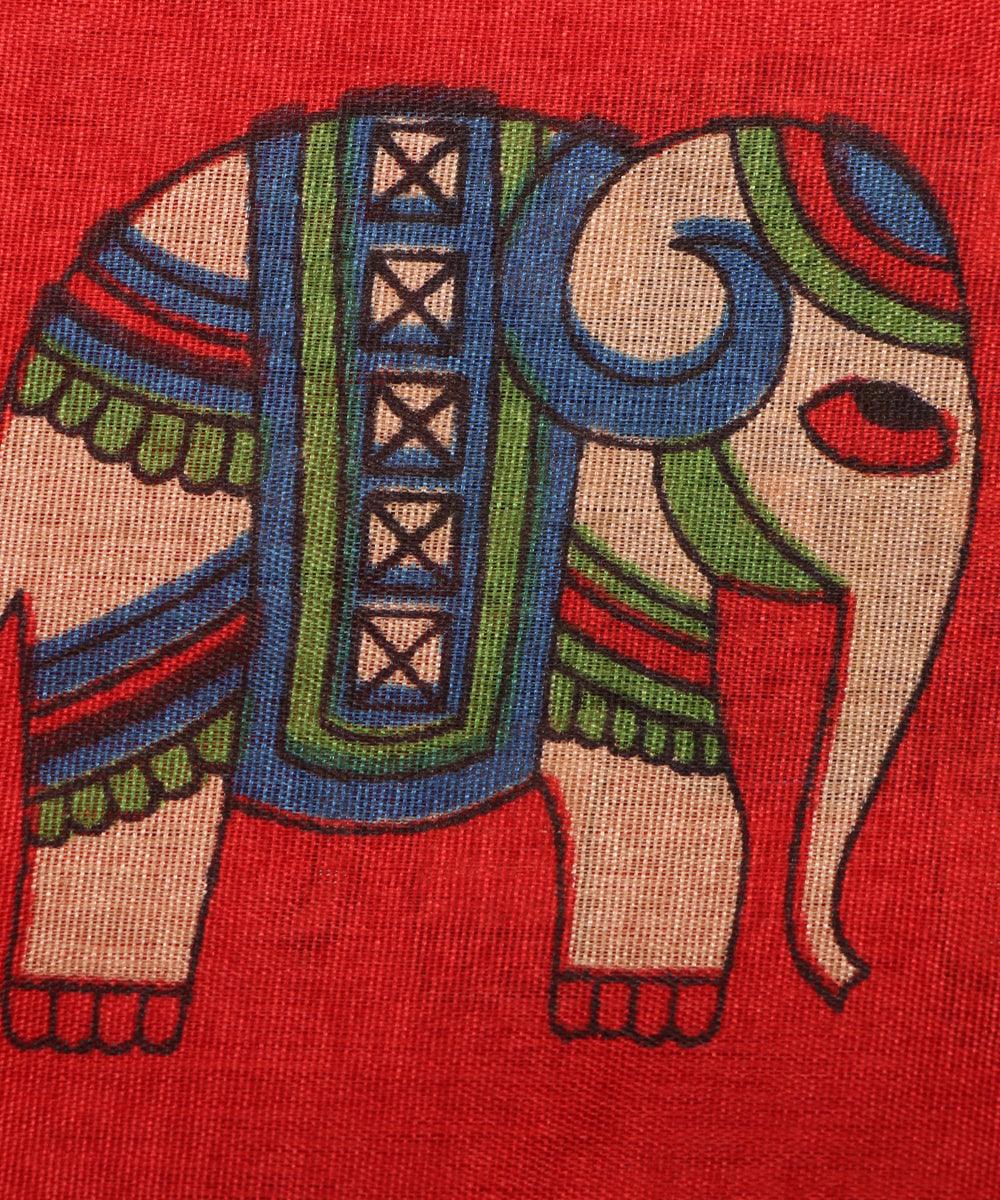 red kalamkari print manipuri silk fabric