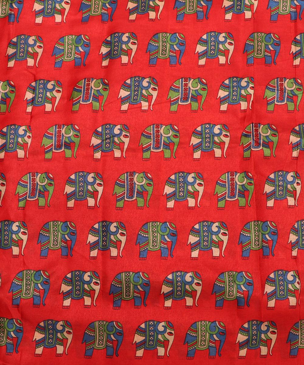 red kalamkari print manipuri silk fabric