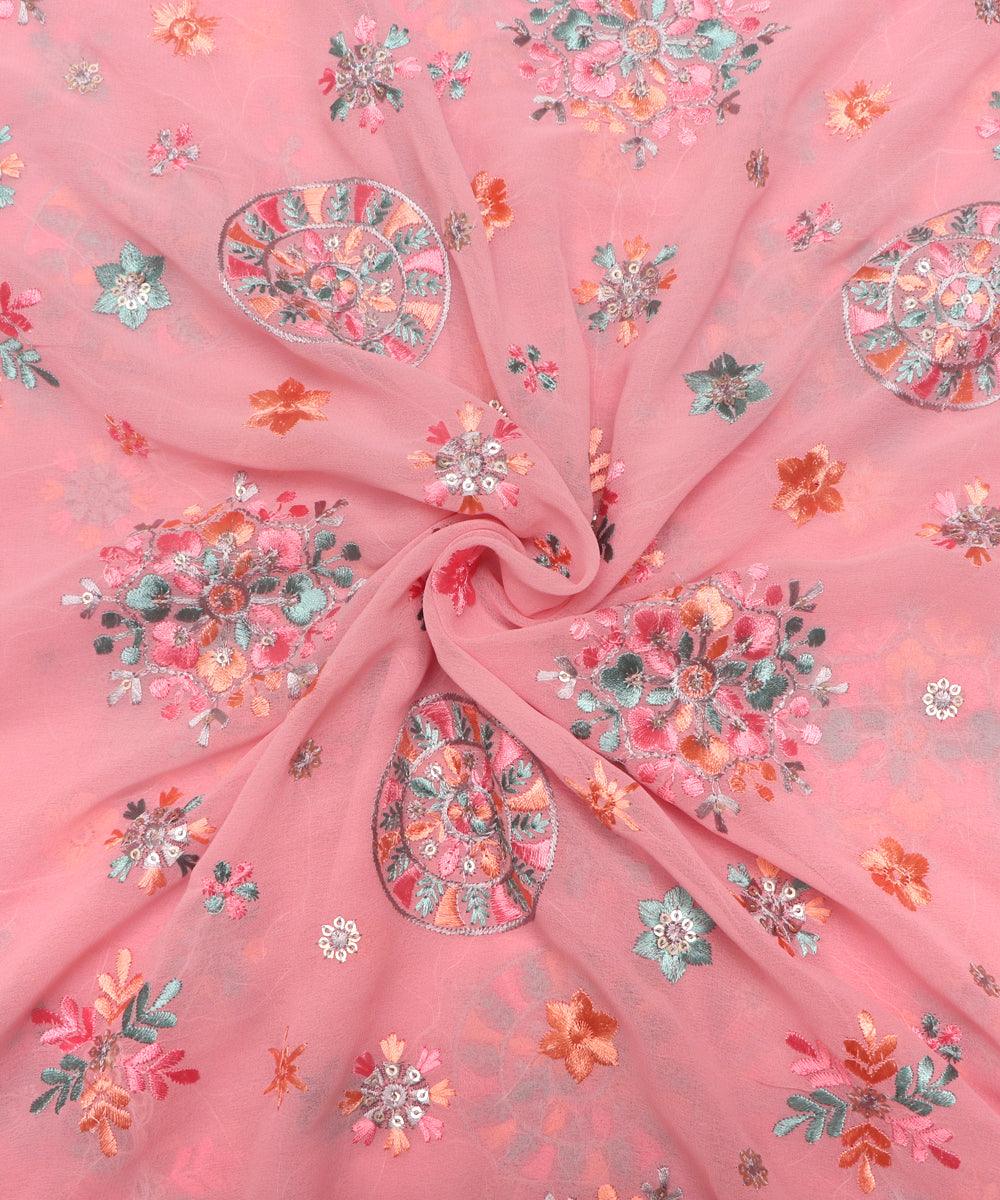 peach color thread and sequin embroidery faux georgette fabric