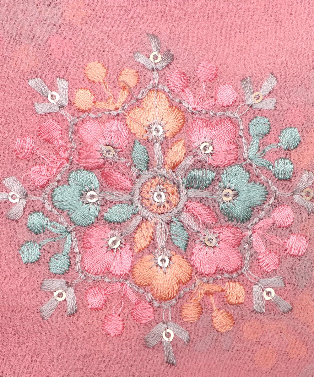 peach color thread and sequin embroidery faux georgette fabric