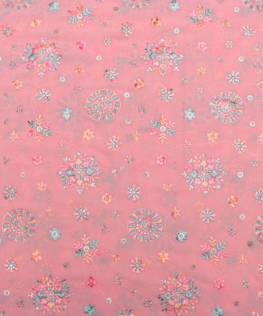peach color thread and sequin embroidery faux georgette fabric