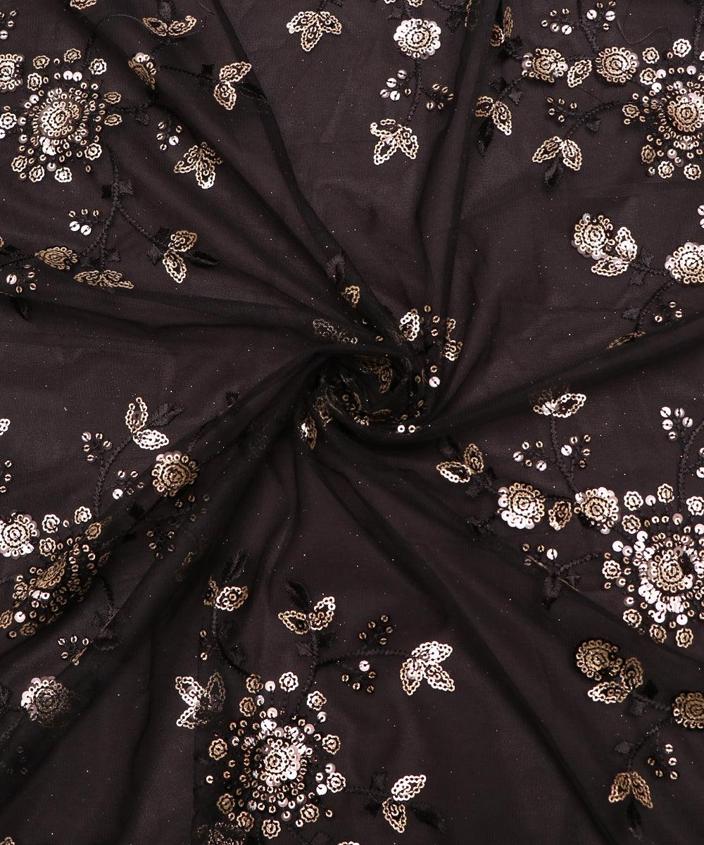black colour floral net sequin embroidery fabric 1