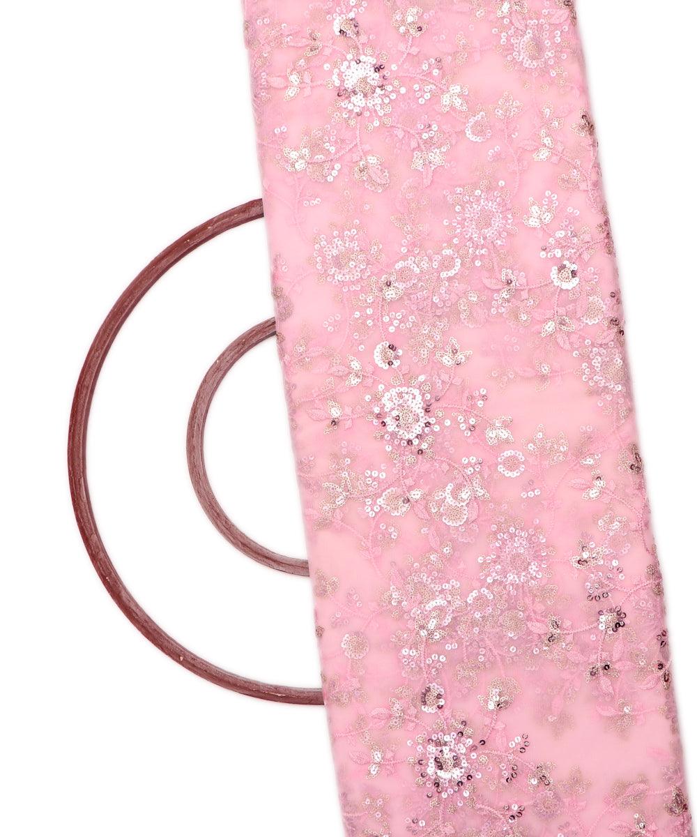 light pink colour floral net sequin embroidery fabric
