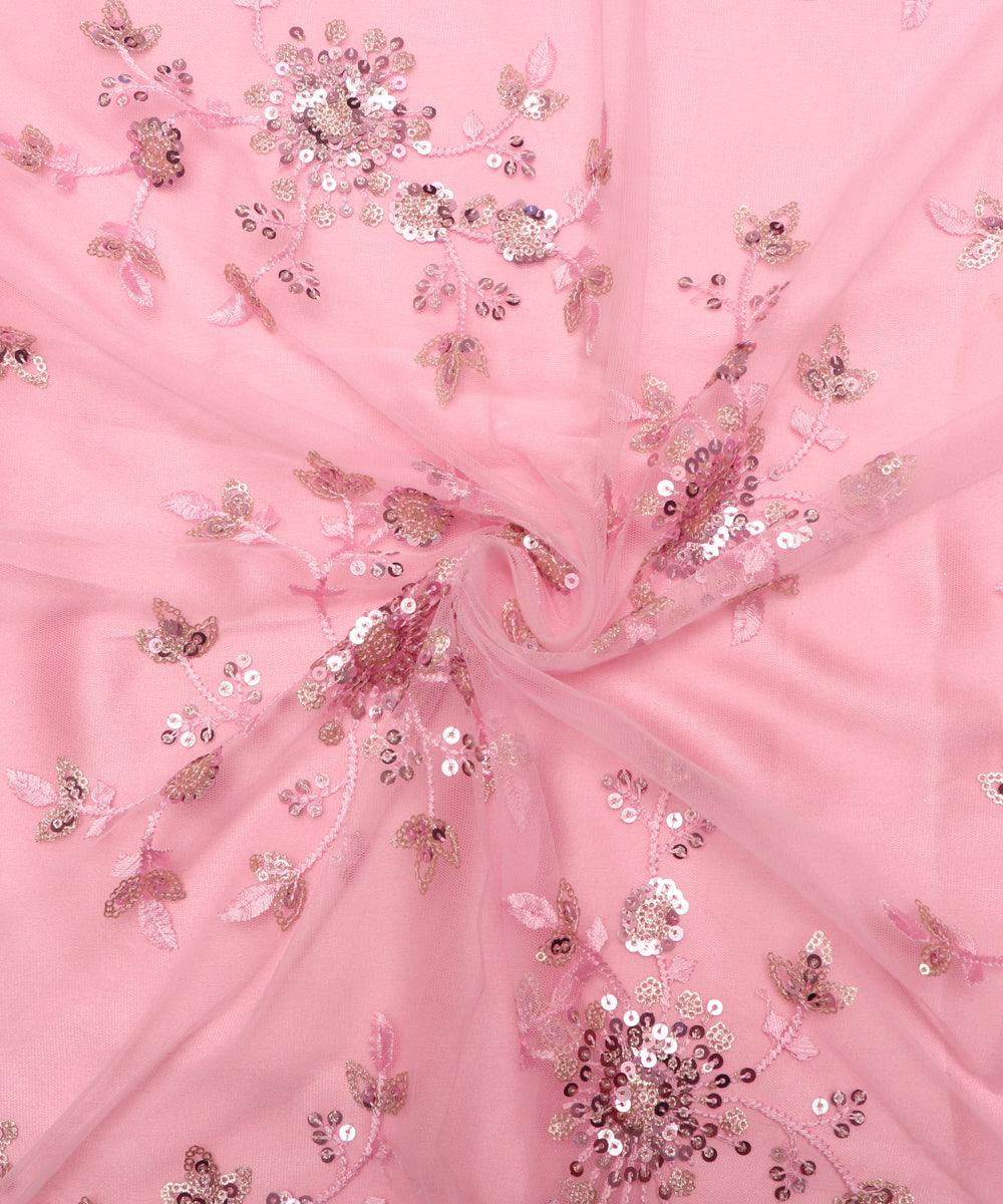 light pink colour floral net sequin embroidery fabric