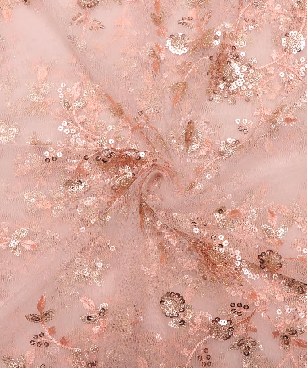 Peach Colour Floral Net Sequin Embroidery Fabric