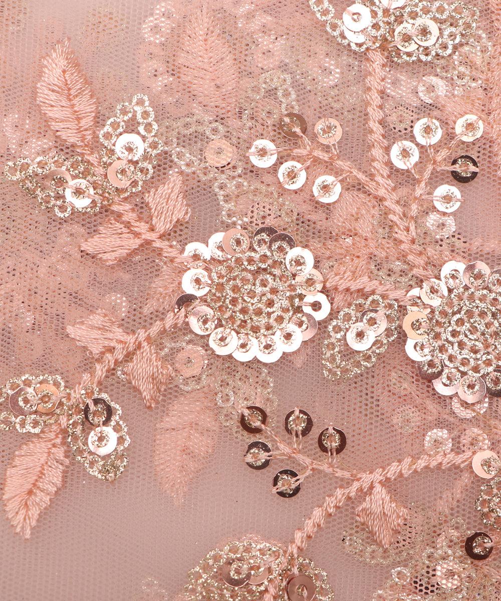Peach Colour Floral Net Sequin Embroidery Fabric