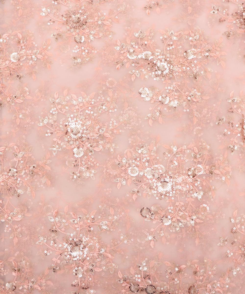 Peach Colour Floral Net Sequin Embroidery Fabric