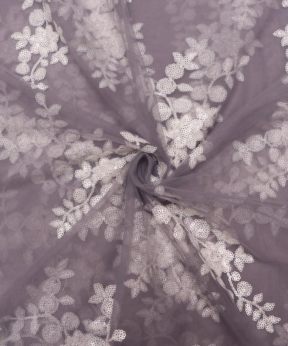 grey colour floral net sequin embroidery fabric
