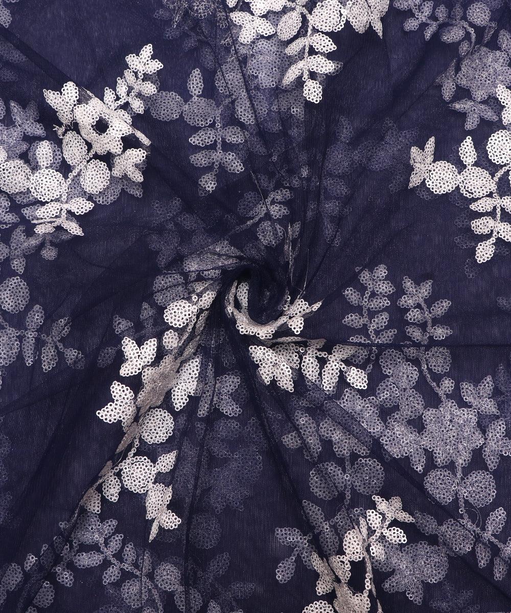 navy blue colour floral net sequin embroidery fabric