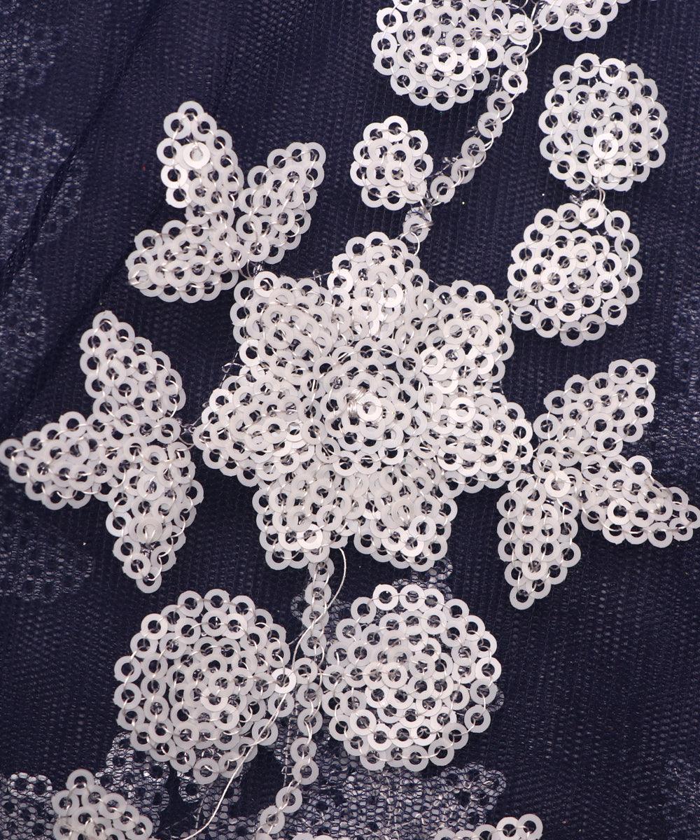 navy blue colour floral net sequin embroidery fabric