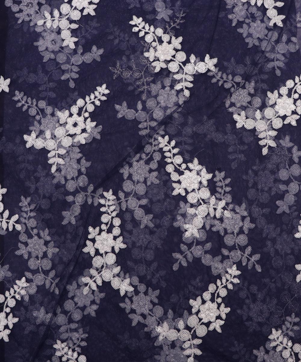 navy blue colour floral net sequin embroidery fabric