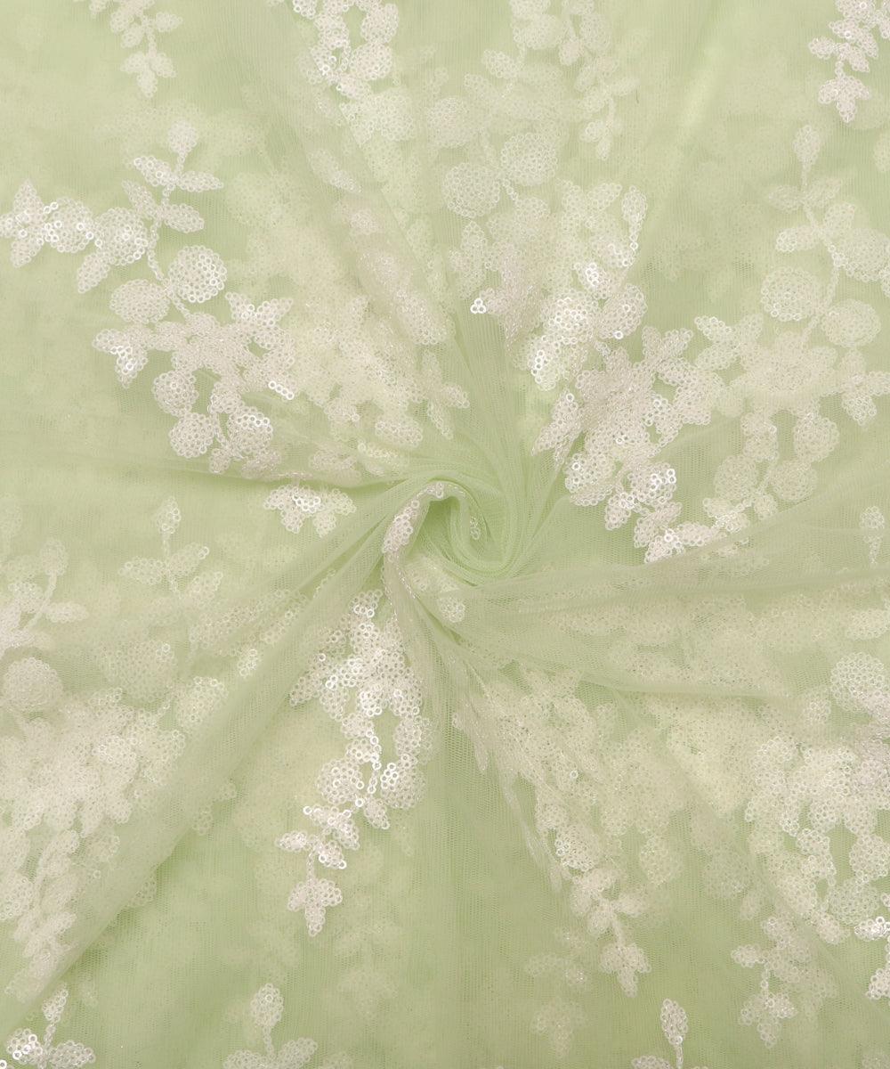 light green colour floral net sequin embroidery fabric