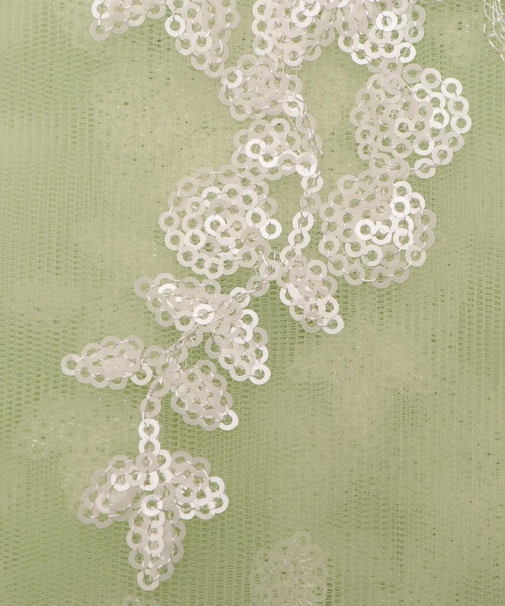 light green colour floral net sequin embroidery fabric