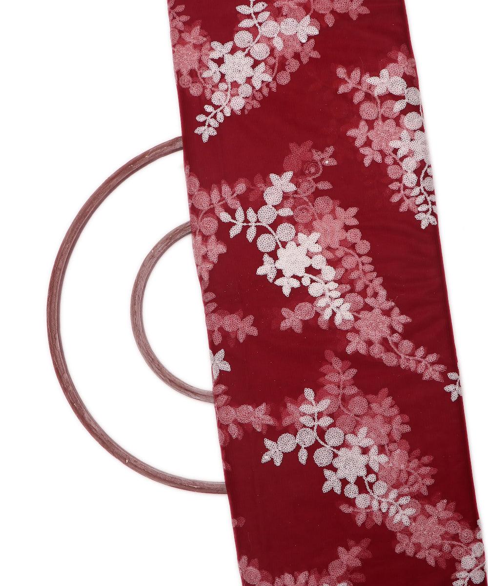 maroon colour floral net sequin embroidery fabric