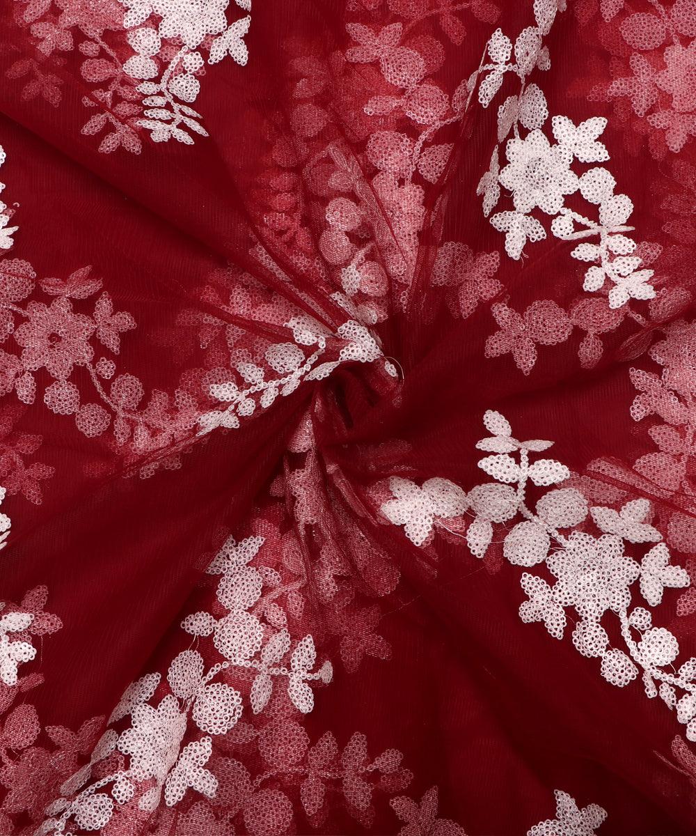 maroon colour floral net sequin embroidery fabric