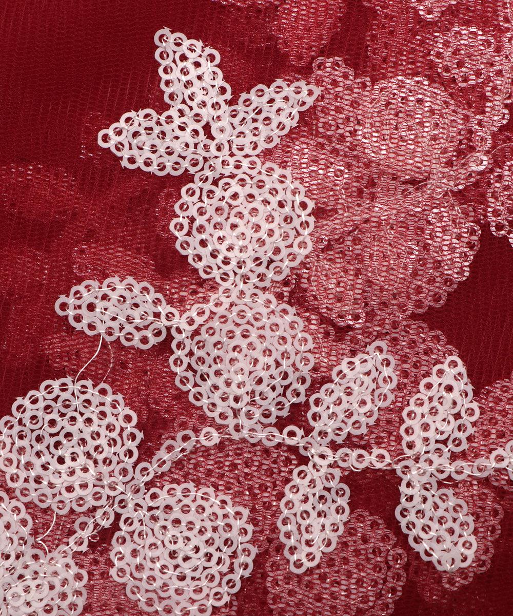 maroon colour floral net sequin embroidery fabric