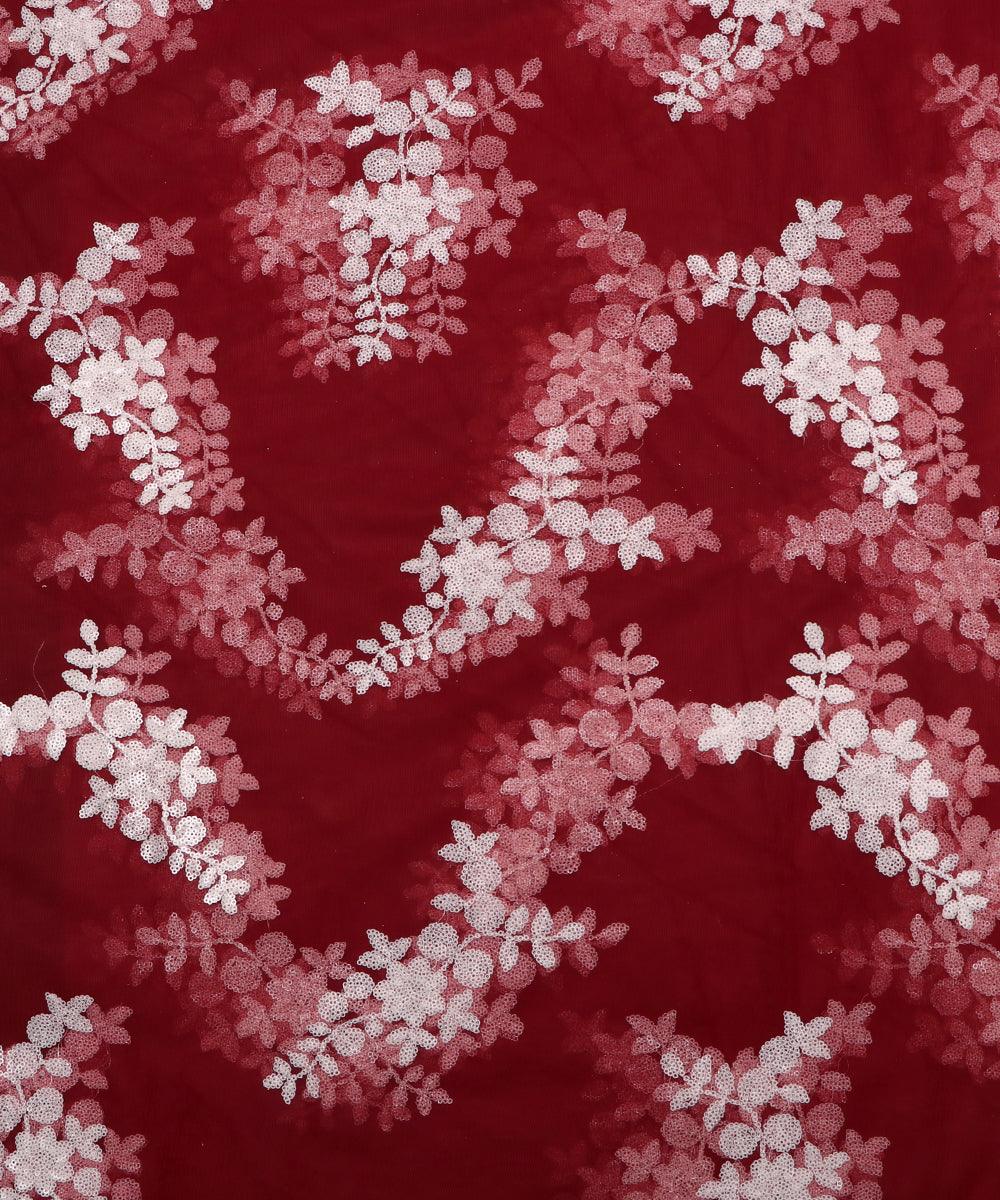 maroon colour floral net sequin embroidery fabric