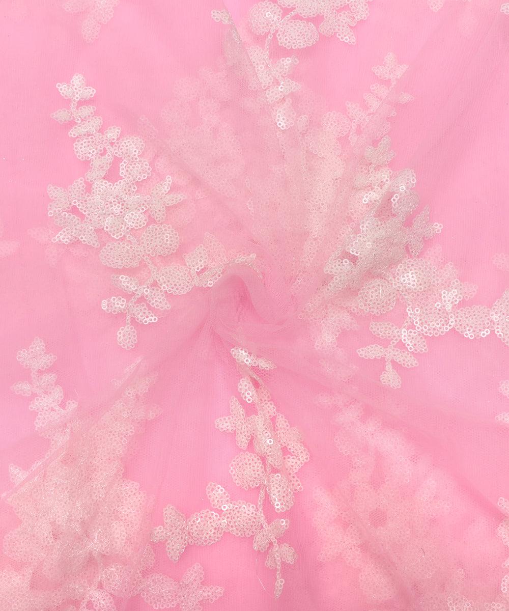 light pink and white floral net sequin embroidery fabric