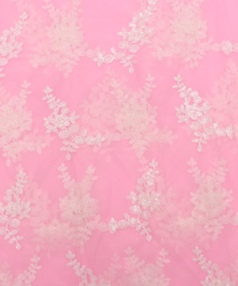 light pink and white floral net sequin embroidery fabric