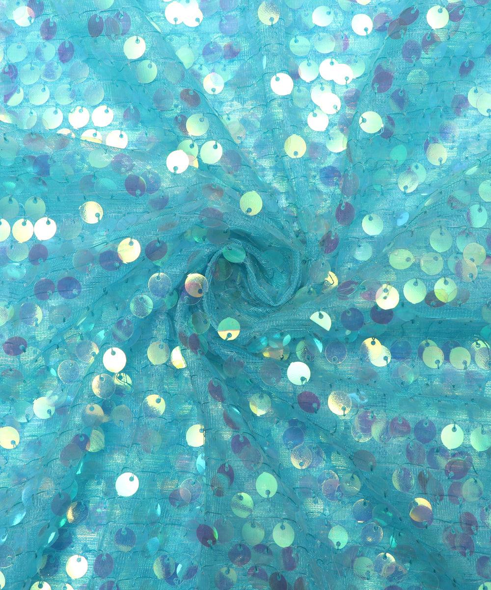 cyan colour sequin net embroidery fabric