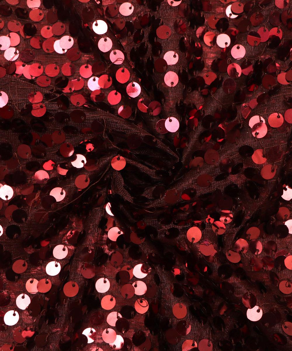maroon colour sequin net embroidery fabric