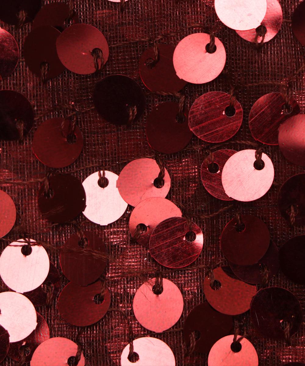 maroon colour sequin net embroidery fabric