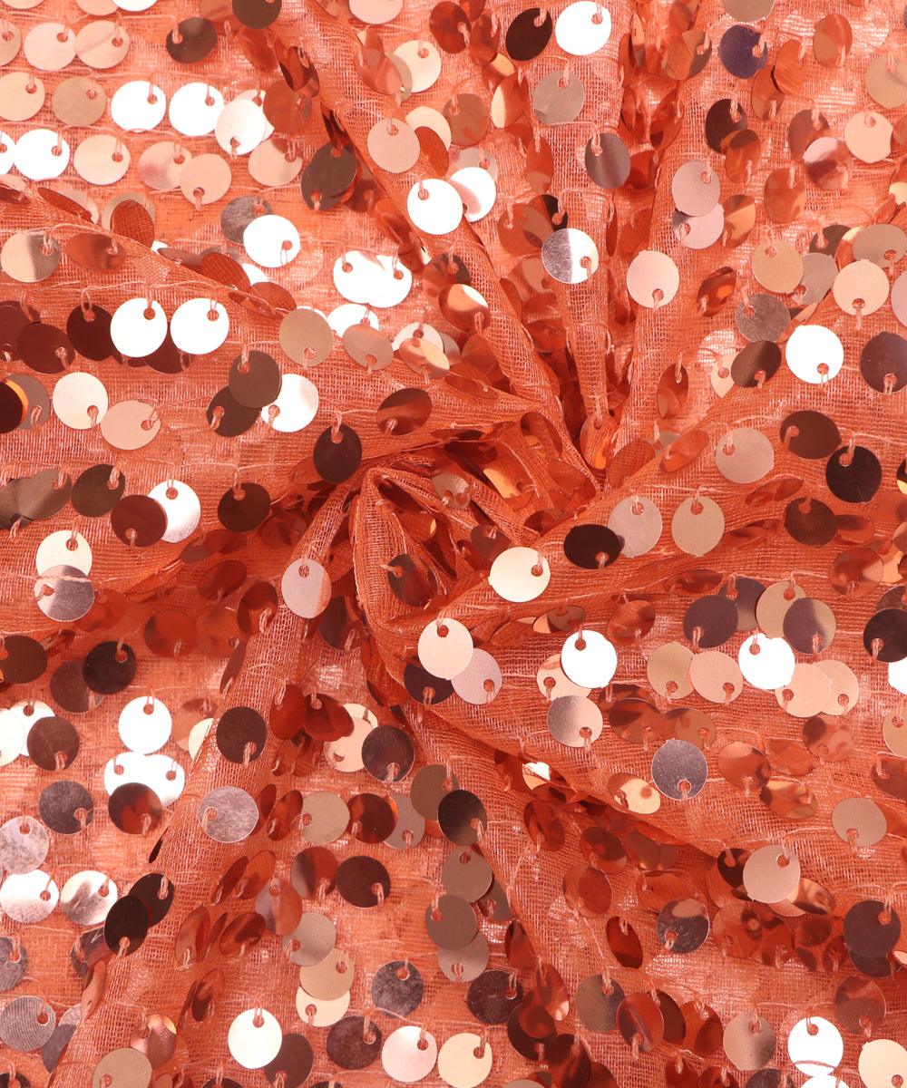 light orange colour sequin net embroidery fabric