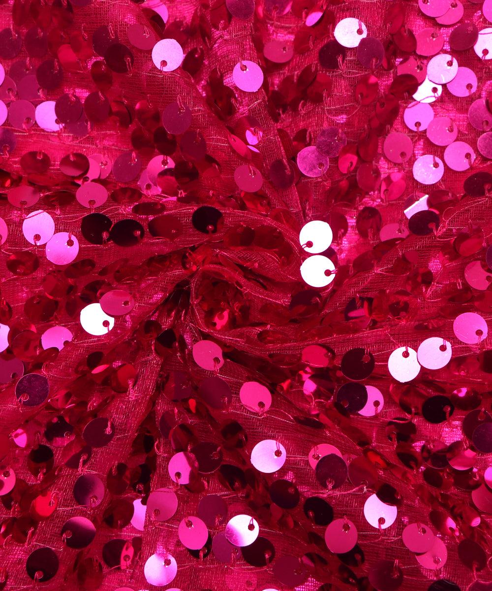 magenta colour sequin net embroidery fabric