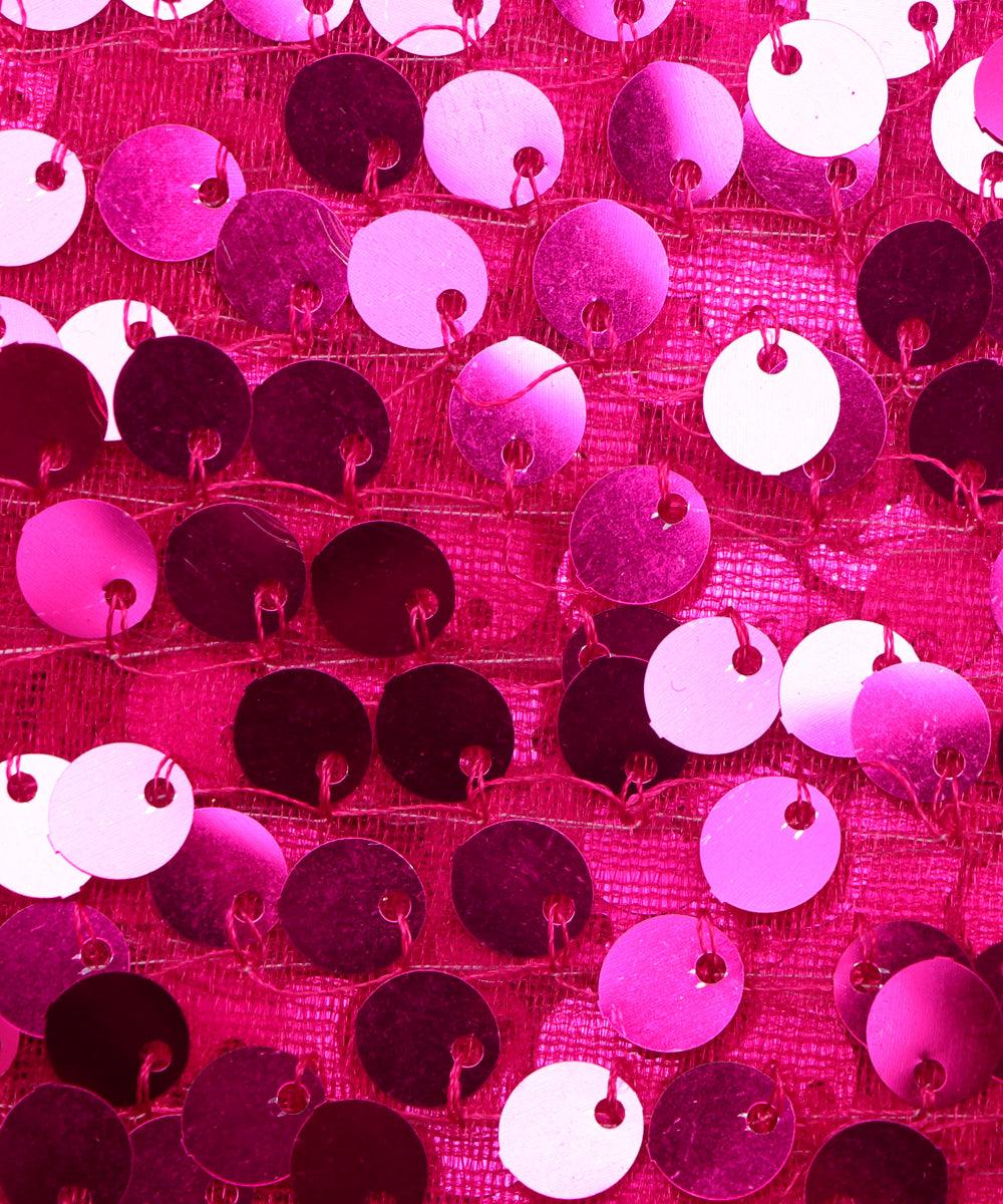 magenta colour sequin net embroidery fabric