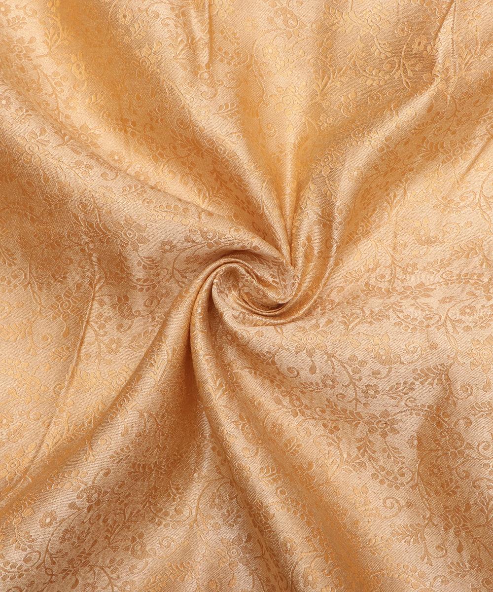 golden colour flower print brocade silk fabric