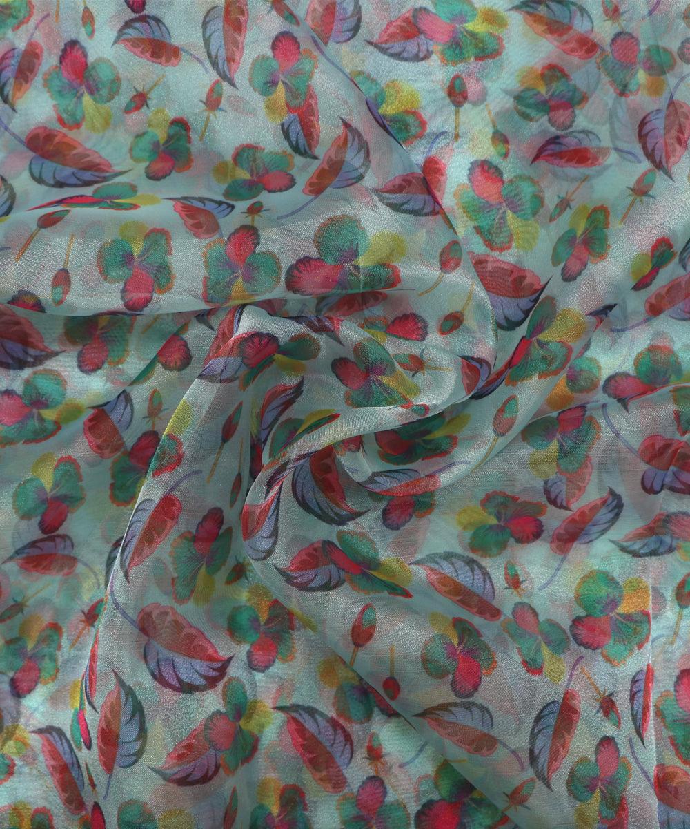 light green colour floral digital print organza fabric