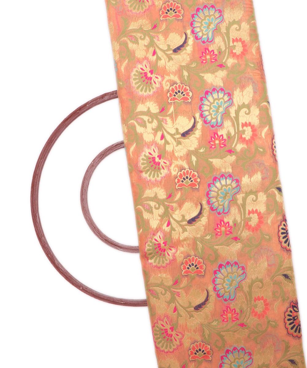 peach colour floral print banarasi brocade silk fabric