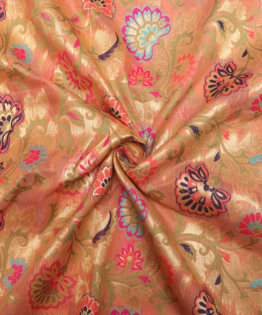 peach colour floral print banarasi brocade silk fabric