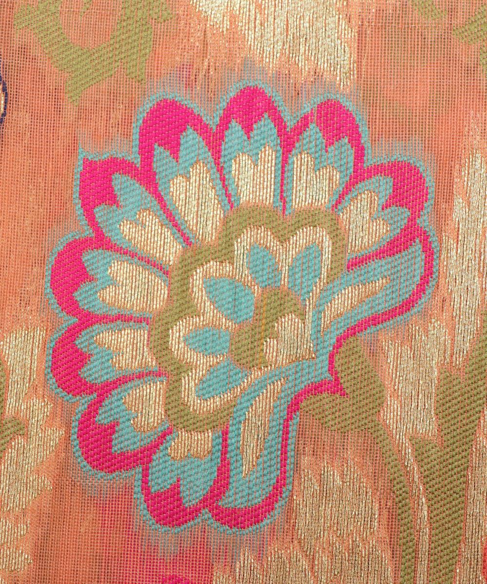 peach colour floral print banarasi brocade silk fabric