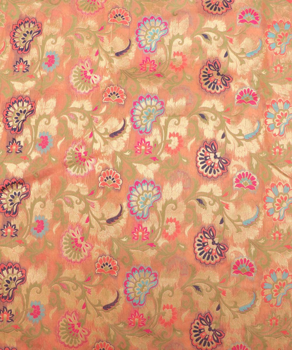 peach colour floral print banarasi brocade silk fabric